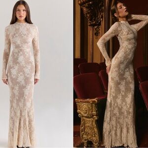 House of CB Long Sleeve Lace Dress in Cream Peach